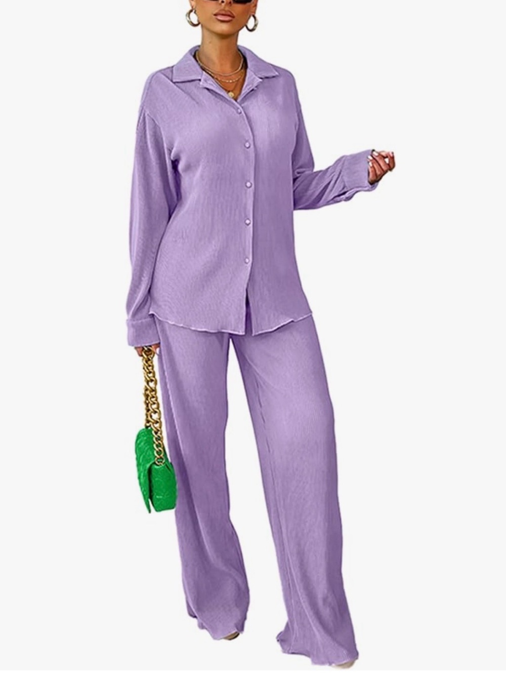 Lavender Pleated Button-Down Shirt & Pants